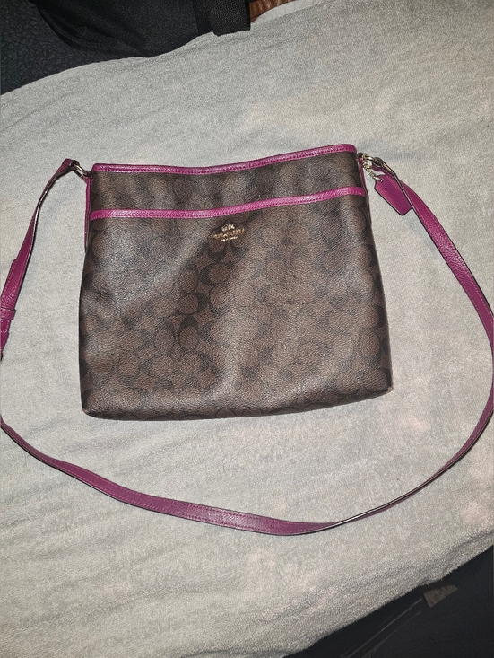 Coach Handbags - Coach Brown Signature Crossbody with Plum Trim